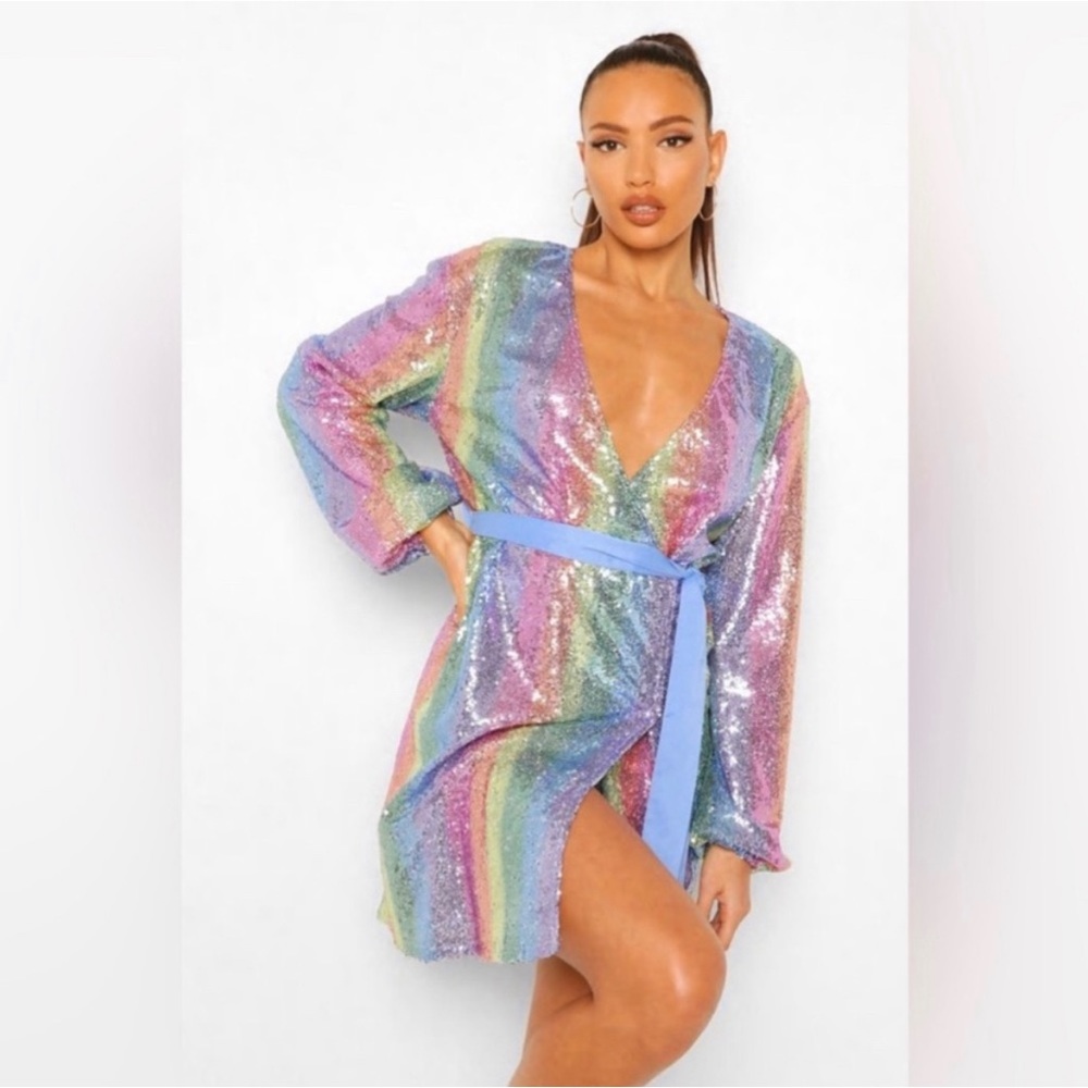 Boohoo Plus Rainbow Sequin Wrap Dress with Blue Belt